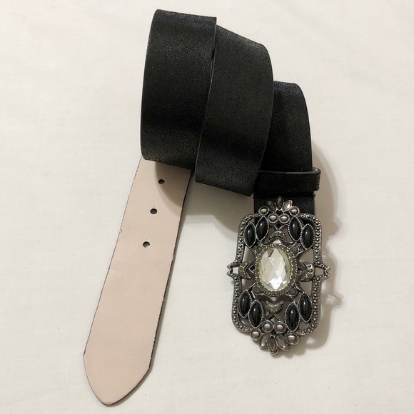 Express Women’s Black Faux Leather Belt, Fancy Rectangle Buckle with Crystals- M - Picture 5 of 17